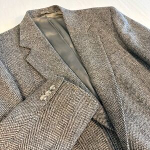 Imperial by Haggar 44R Wool Tweed Blazer Gray Herringbone Academia USA Vtg Prep